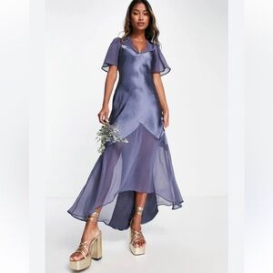 Flutter sleeve satin wedding guest dress / bridesmaid dress